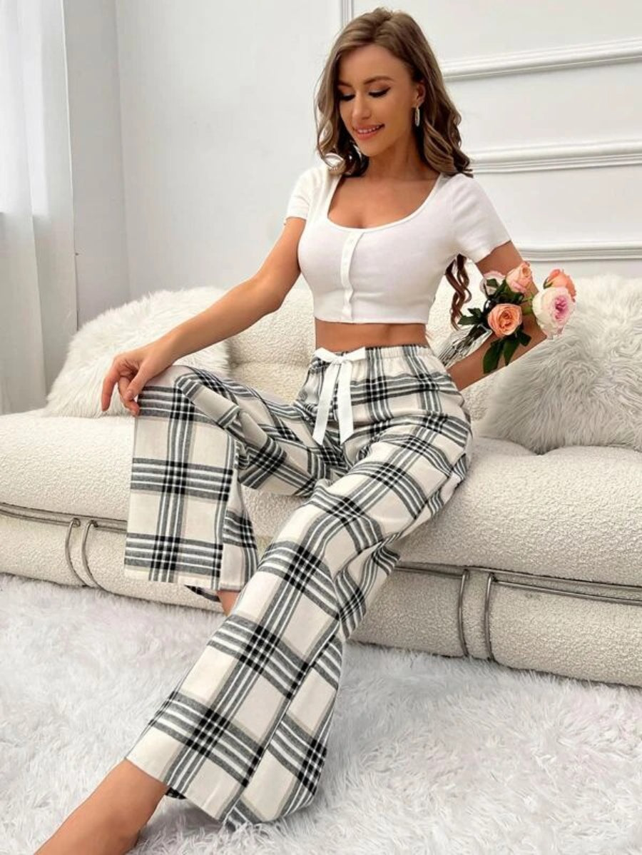 Plaid Printed Tie Front Sleep Pants-Soco Hoodie