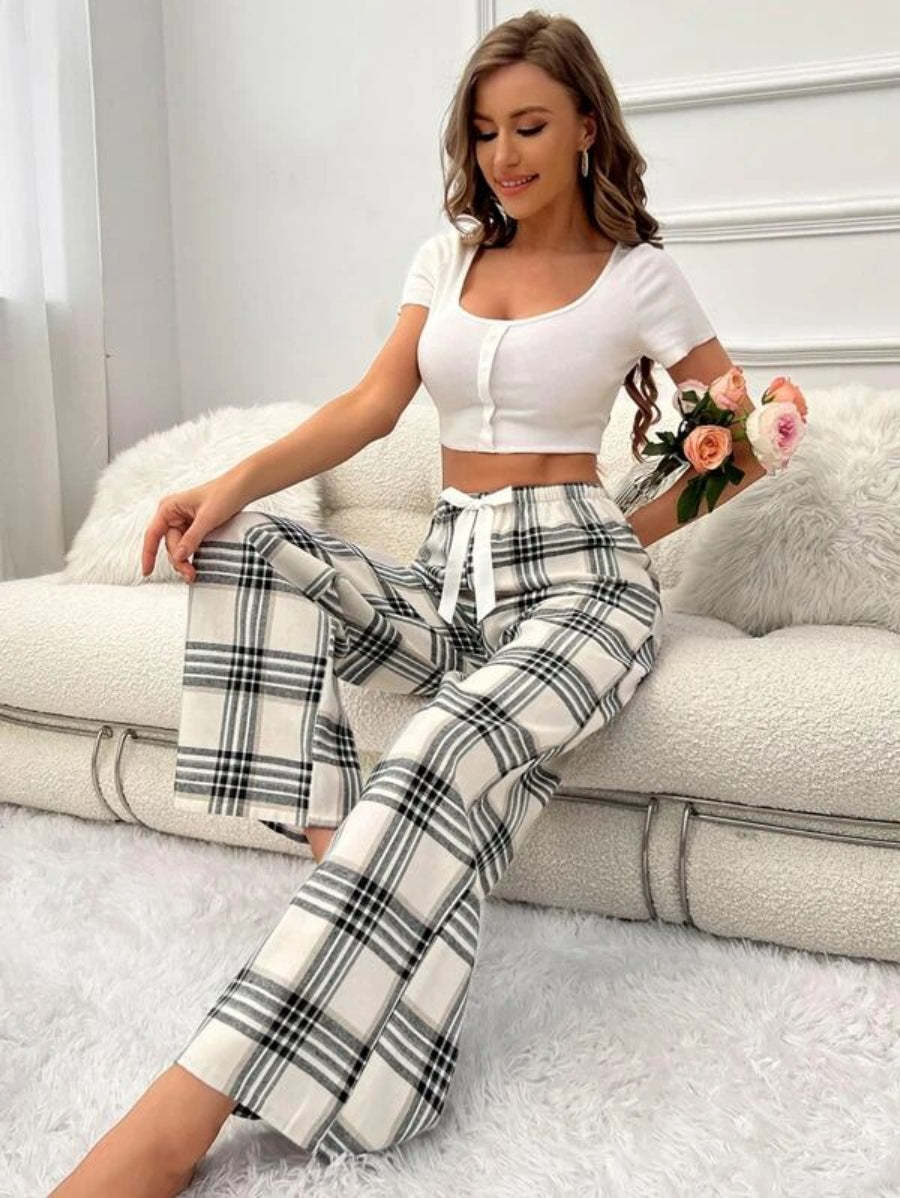 Plaid Printed Tie Front Sleep Pants-Soco Hoodie
