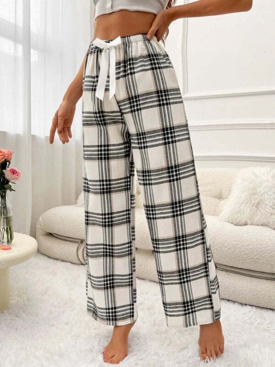Plaid Printed Tie Front Sleep Pants-Soco Hoodie