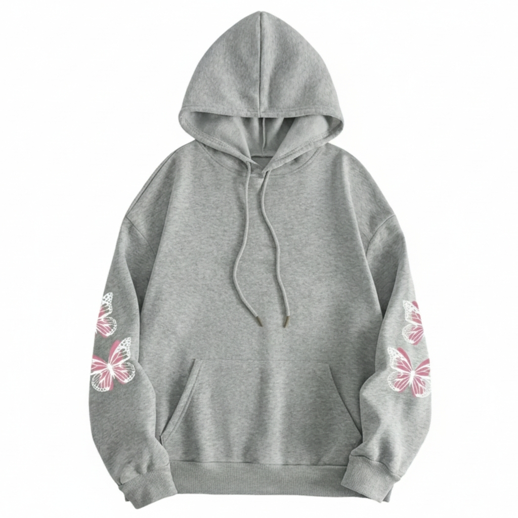 Plus Size Butterfly Print Drawstring Hoodie