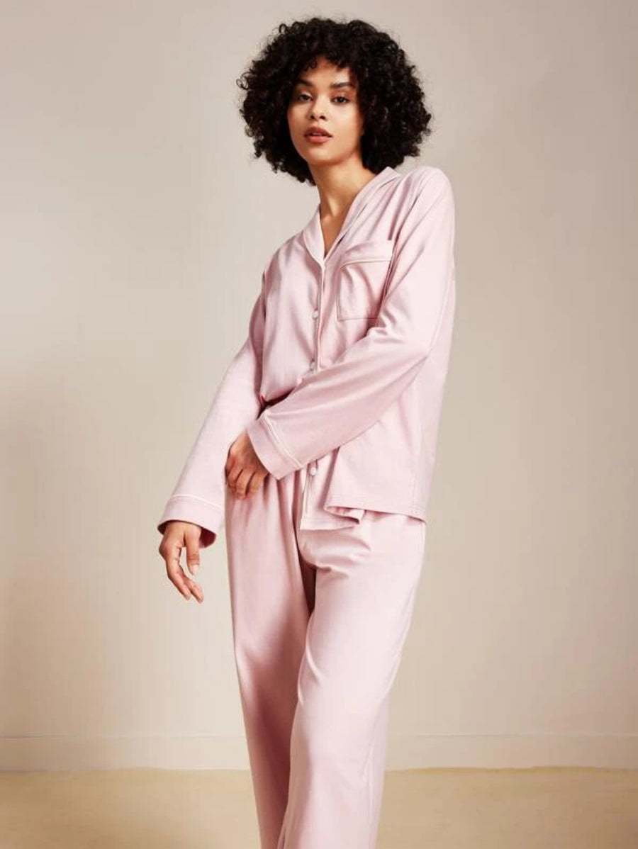 Pocket Contrast Binding Button Front Pant Sets-Soco Hoodie