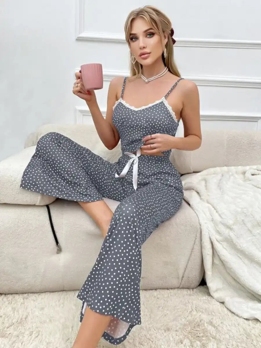 Polka Dot Contrast Lace Bow Front Cami Pajama Set-Soco Hoodie