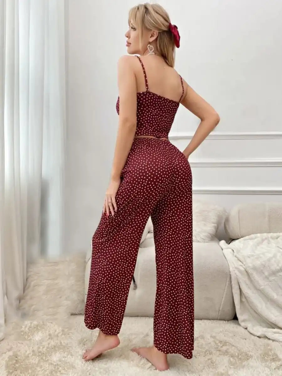 Polka Dot Contrast Lace Bow Front Cami Pajama Set-Soco Hoodie