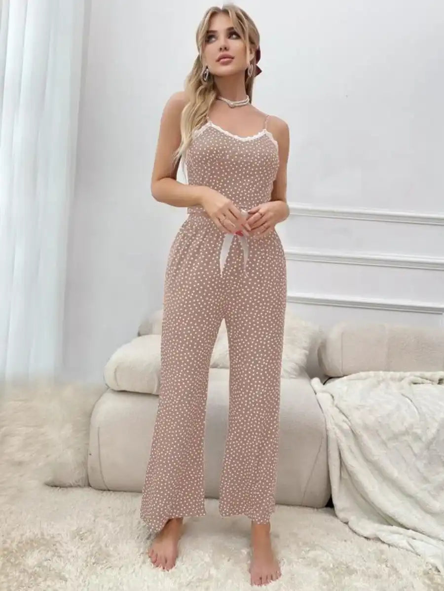 Polka Dot Contrast Lace Bow Front Cami Pajama Set-Soco Hoodie
