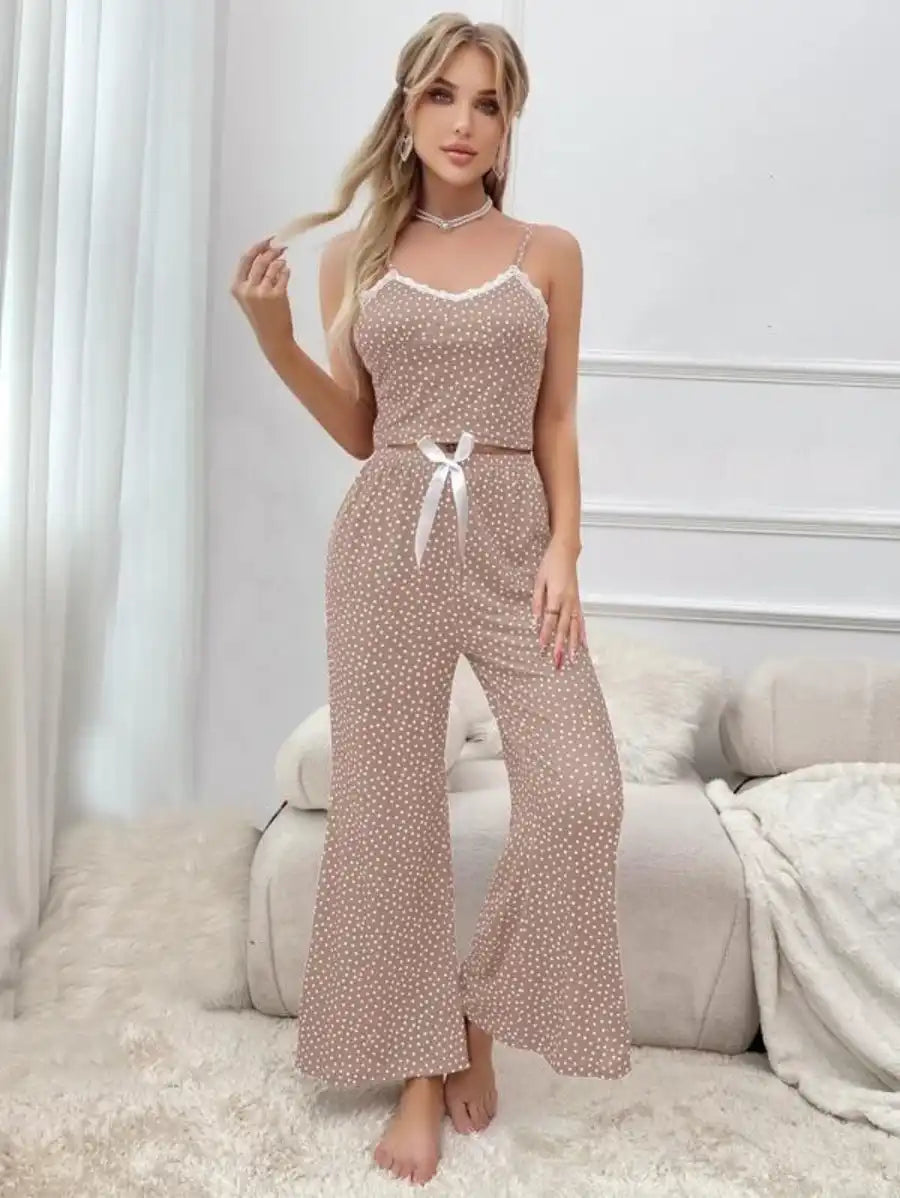Polka Dot Contrast Lace Bow Front Cami Pajama Set-Soco Hoodie