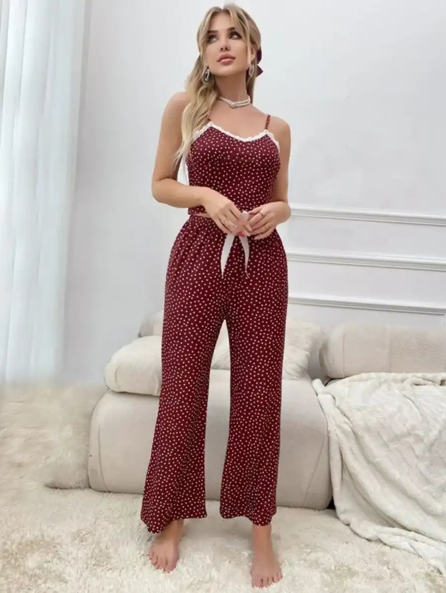 Polka Dot Contrast Lace Bow Front Cami Pajama Set-Soco Hoodie