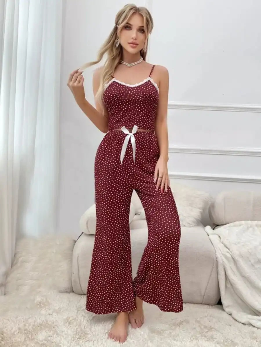 Polka Dot Contrast Lace Bow Front Cami Pajama Set-Soco Hoodie