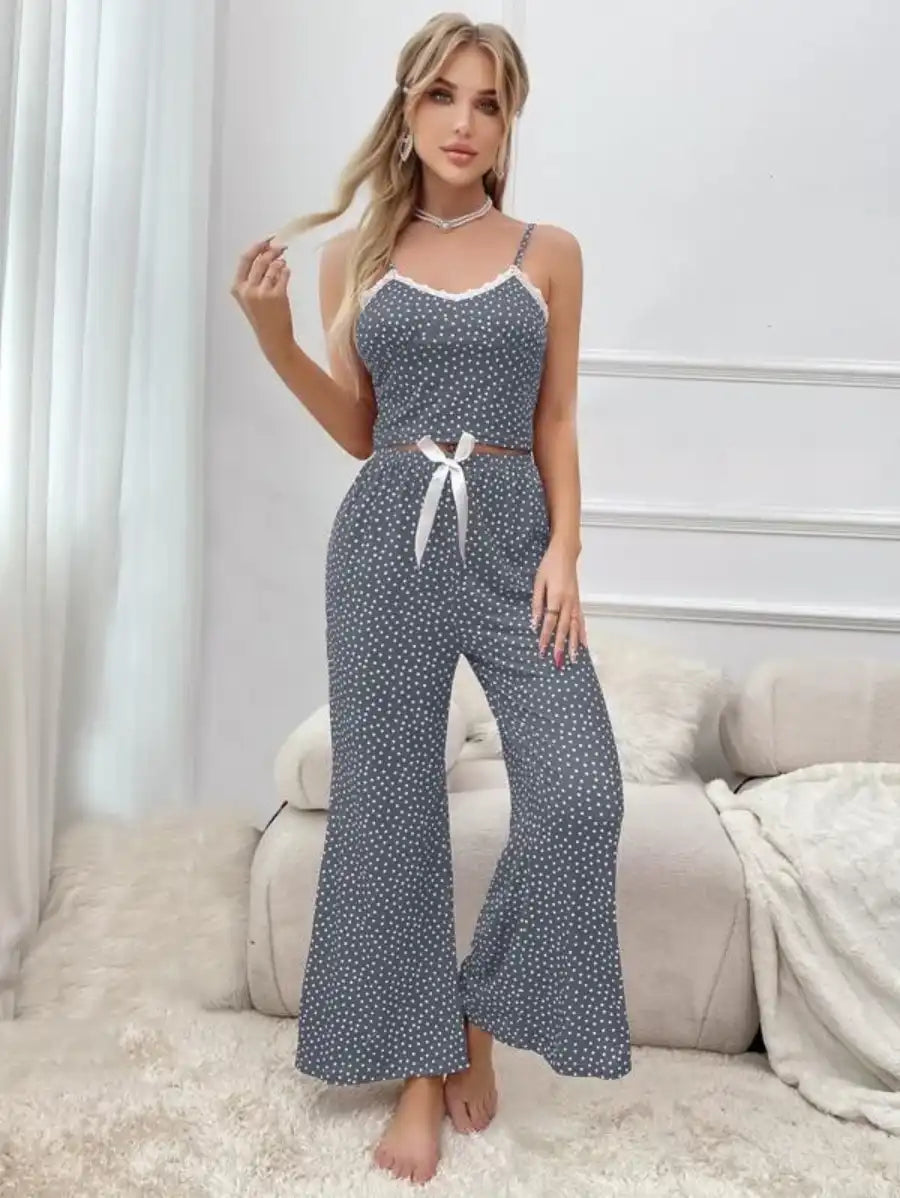 Polka Dot Contrast Lace Bow Front Cami Pajama Set-Soco Hoodie