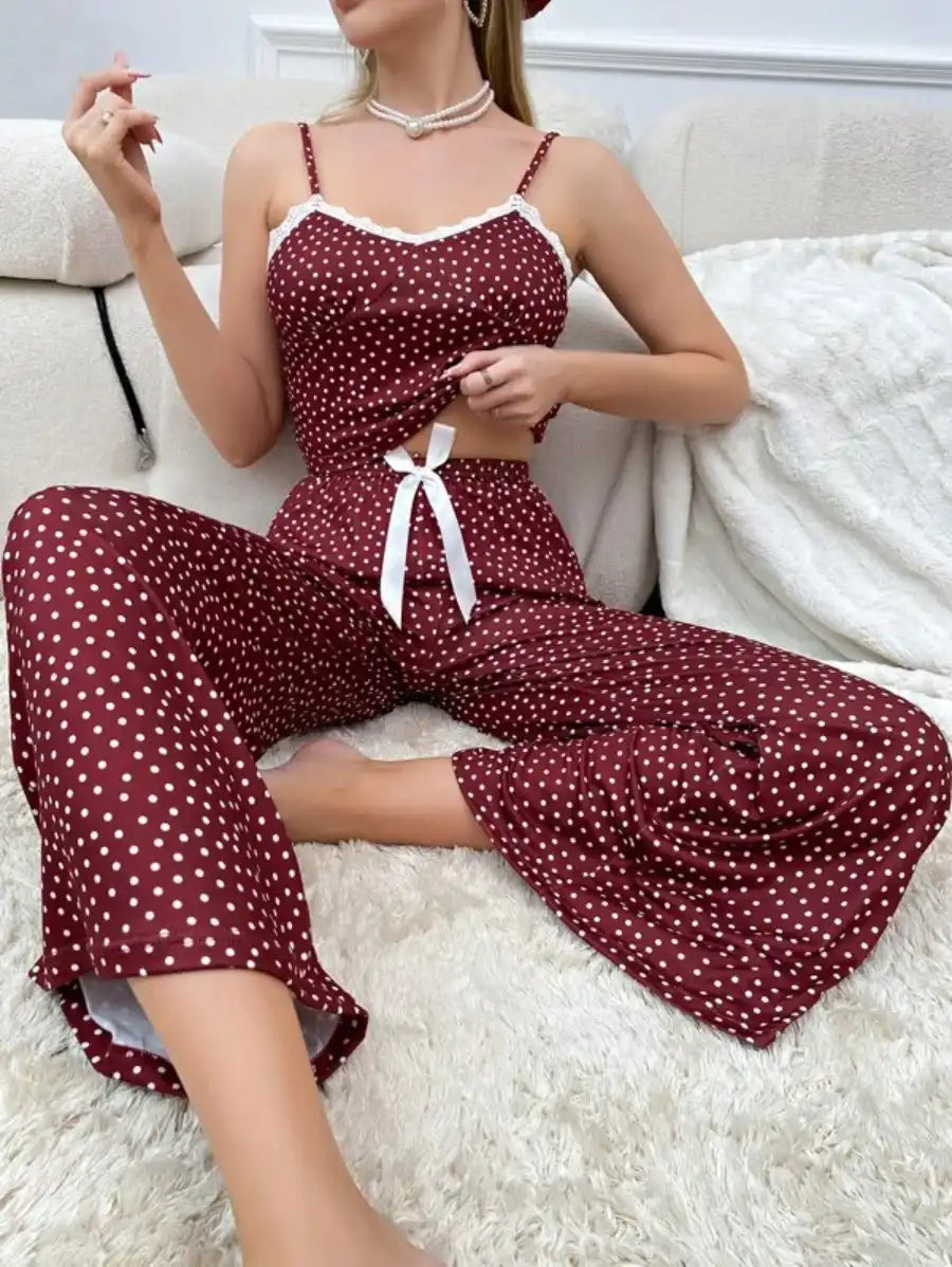 Polka Dot Contrast Lace Bow Front Cami Pajama Set-Soco Hoodie