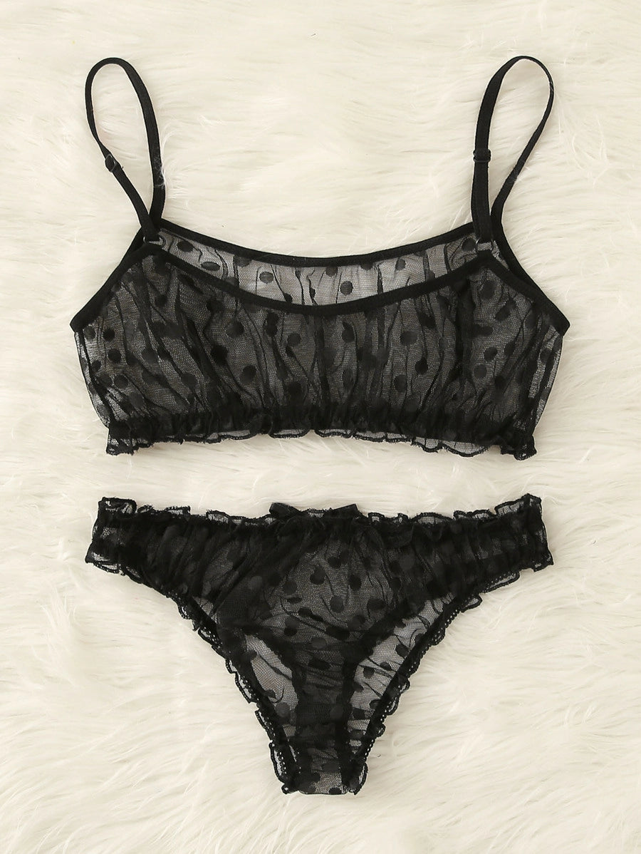 Polka Dot Mesh Frill Trim Lingerie Set-Soco Hoodie