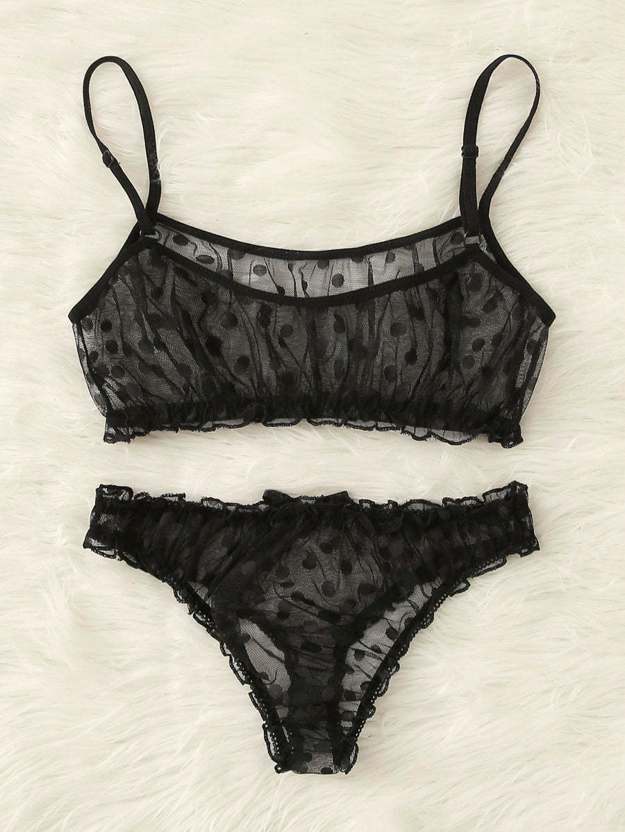 Polka Dot Mesh Frill Trim Lingerie Set-Soco Hoodie
