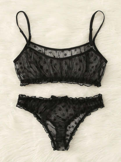 Polka Dot Mesh Frill Trim Lingerie Set-Soco Hoodie