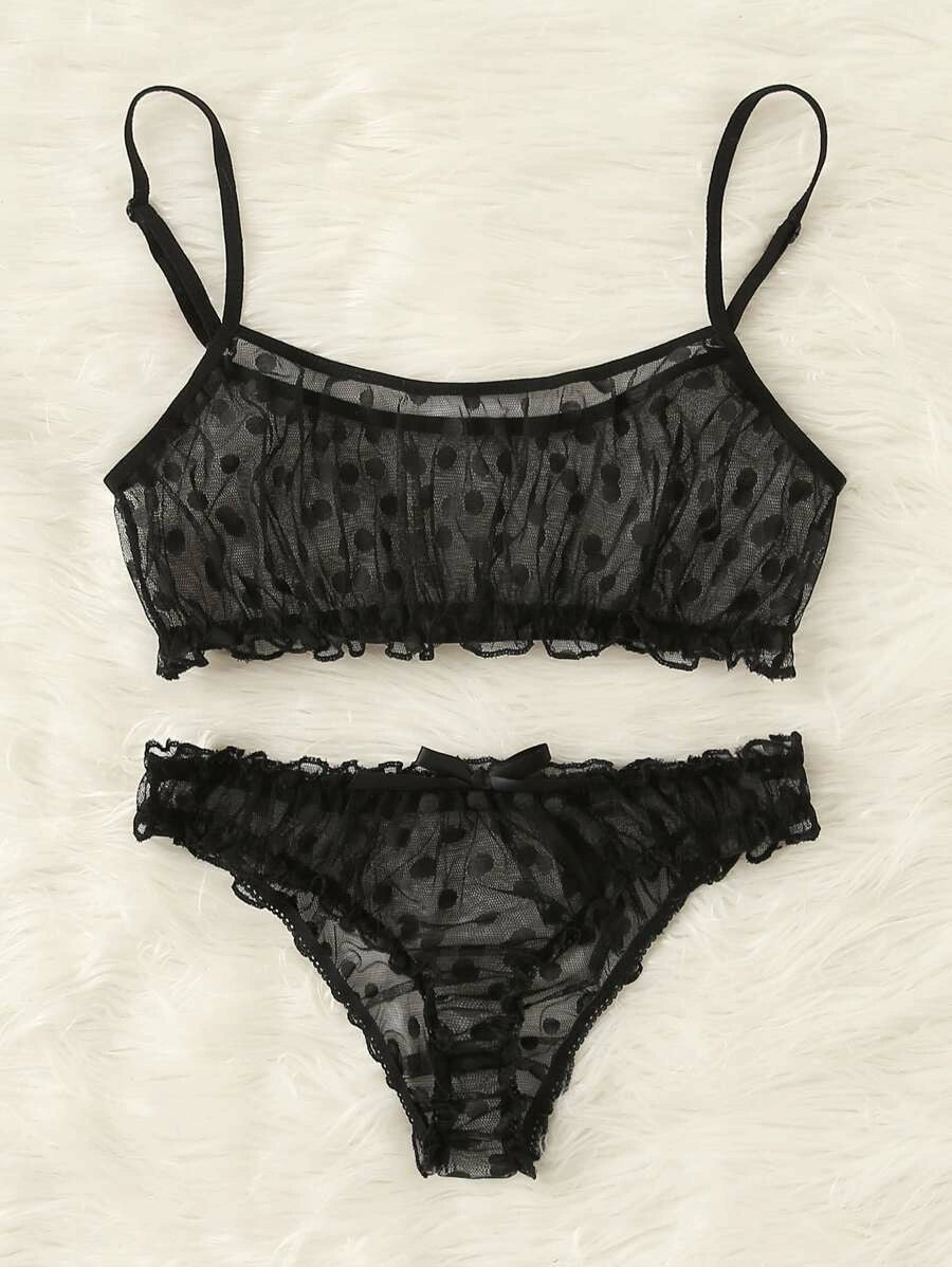 Polka Dot Mesh Frill Trim Lingerie Set-Soco Hoodie