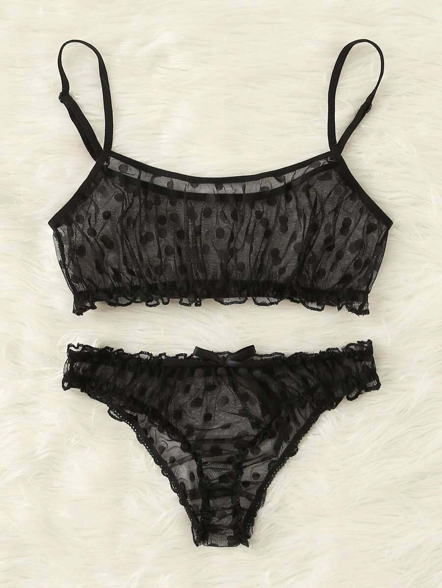 Polka Dot Mesh Frill Trim Lingerie Set-Soco Hoodie