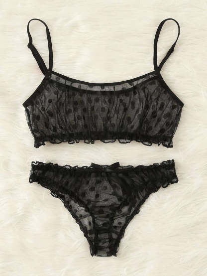 Polka Dot Mesh Frill Trim Lingerie Set-Soco Hoodie