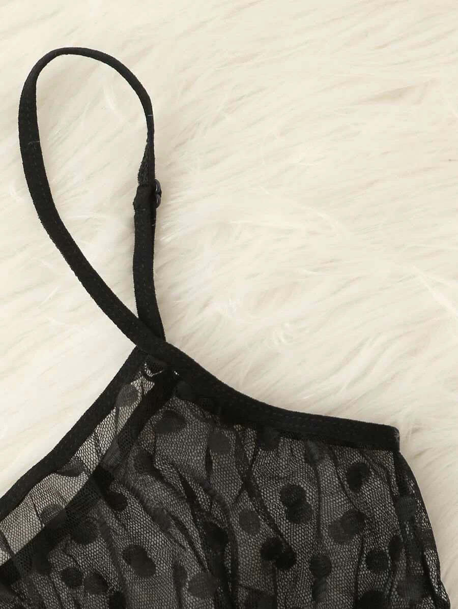 Polka Dot Mesh Frill Trim Lingerie Set-Soco Hoodie