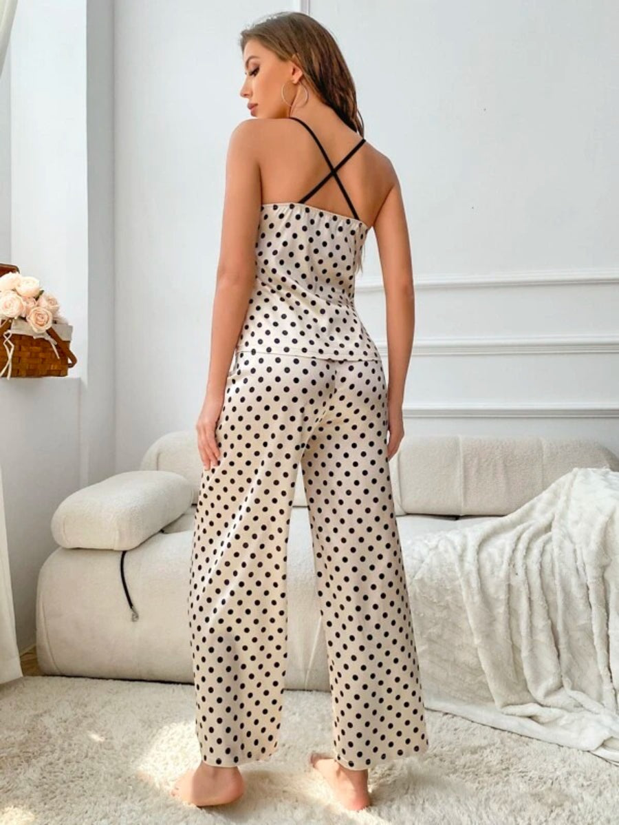 Polka Dot Print Satin Pajama Set-Soco Hoodie