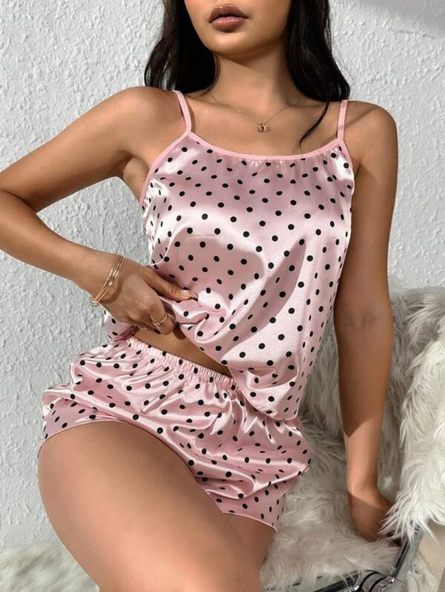 Polka Dot Print Satin Cami Top And Shorts Set-Soco Hoodie