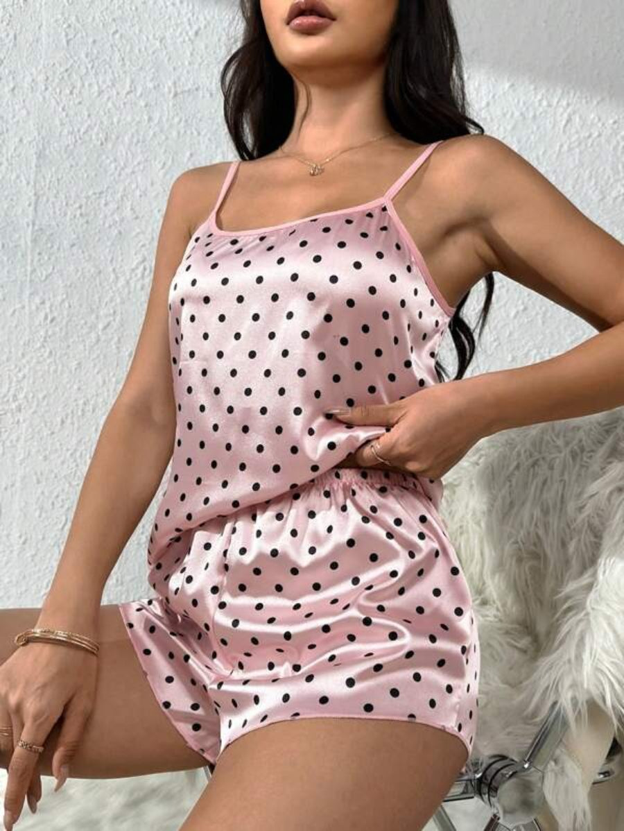 Polka Dot Print Satin Cami Top And Shorts Set-Soco Hoodie