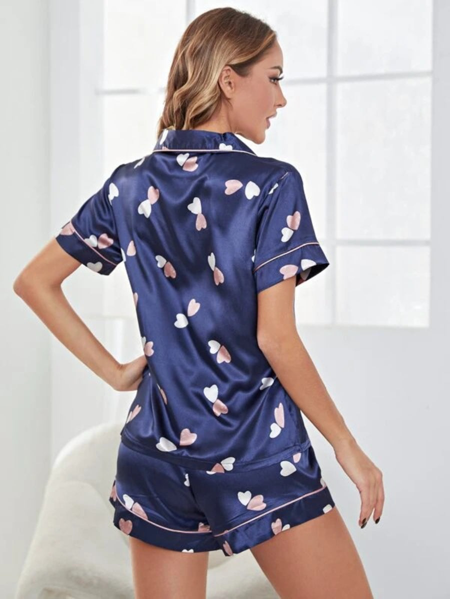 Printed Button Front Top And Shorts Satin Set-Soco Hoodie