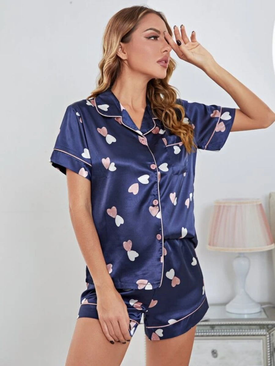 Printed Button Front Top And Shorts Satin Set-Soco Hoodie