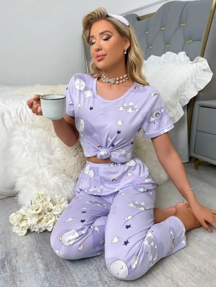 Printed Cartoon Graphic Pajama Set With Sleep Mask-Soco Hoodie