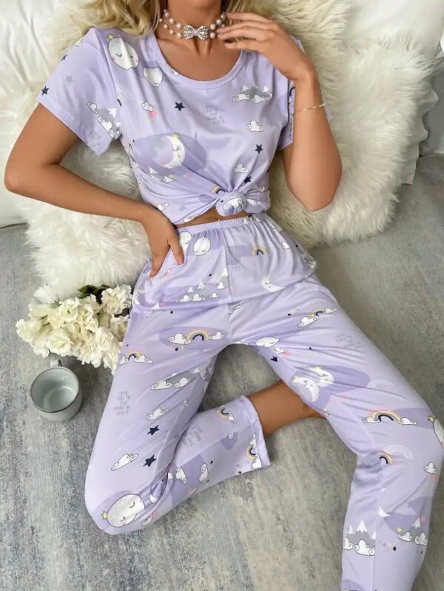 Printed Cartoon Graphic Pajama Set With Sleep Mask-Soco Hoodie