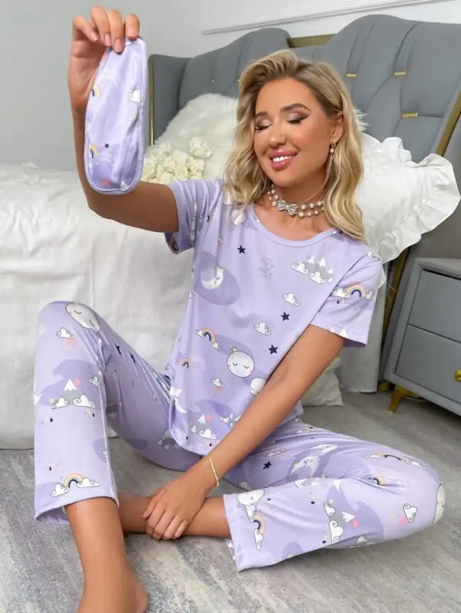 Printed Cartoon Graphic Pajama Set With Sleep Mask-Soco Hoodie