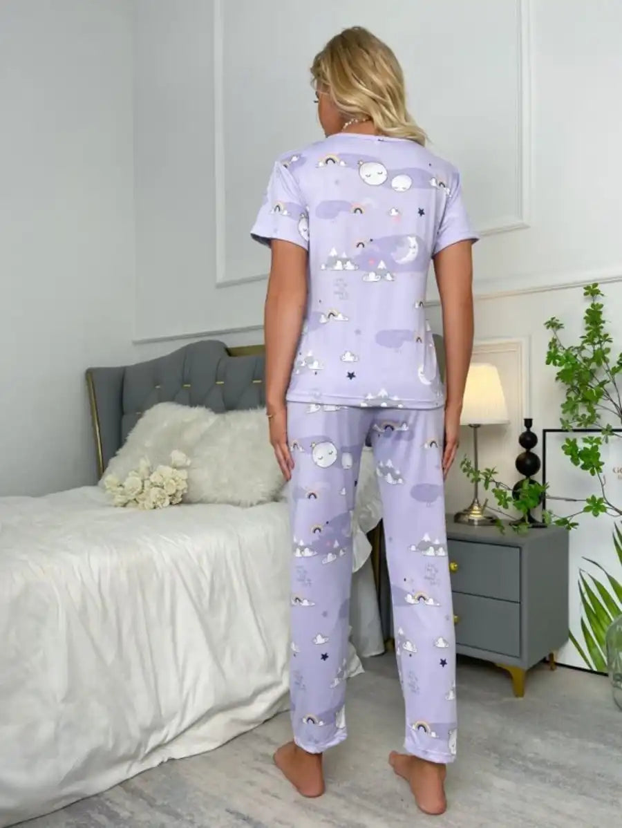 Printed Cartoon Graphic Pajama Set With Sleep Mask-Soco Hoodie