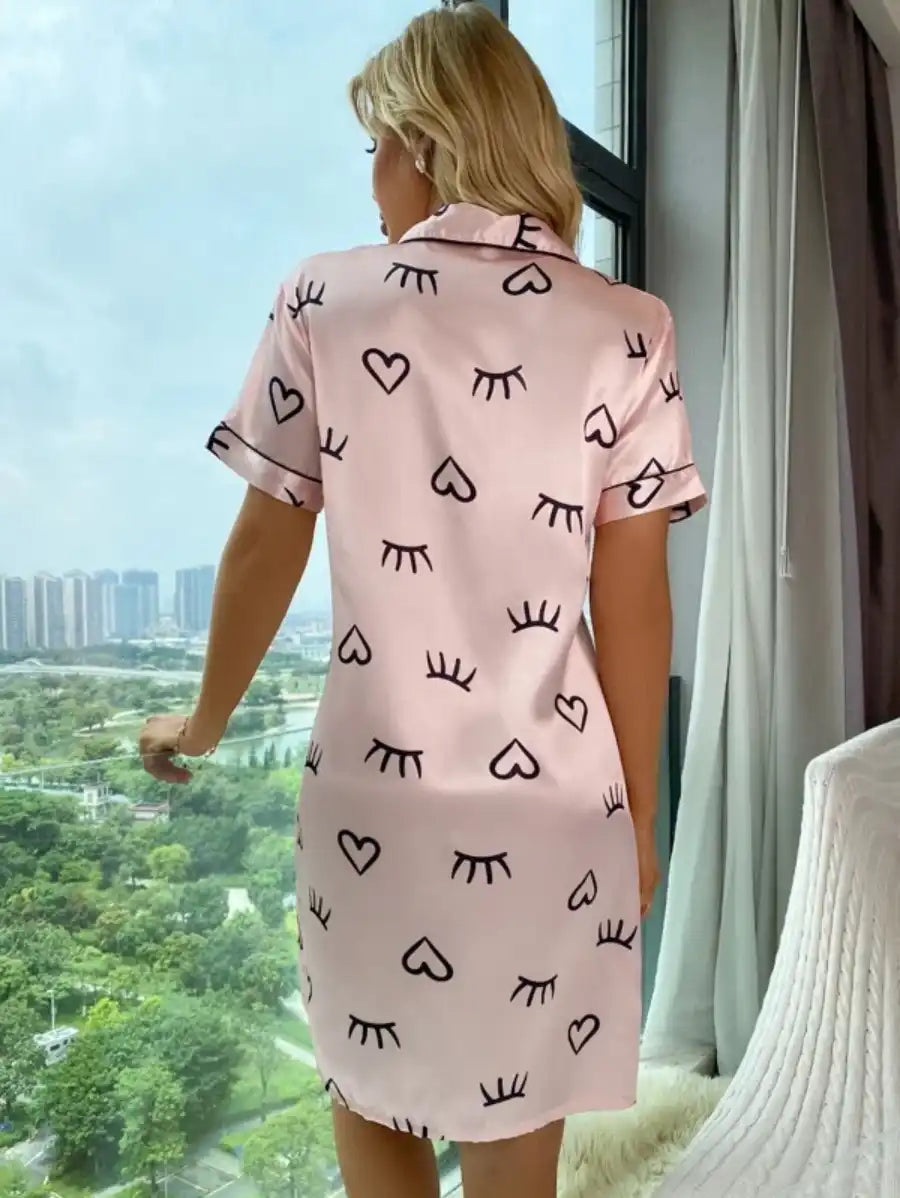 Printed Contrast Piping Satin Night Dress-Soco Hoodie