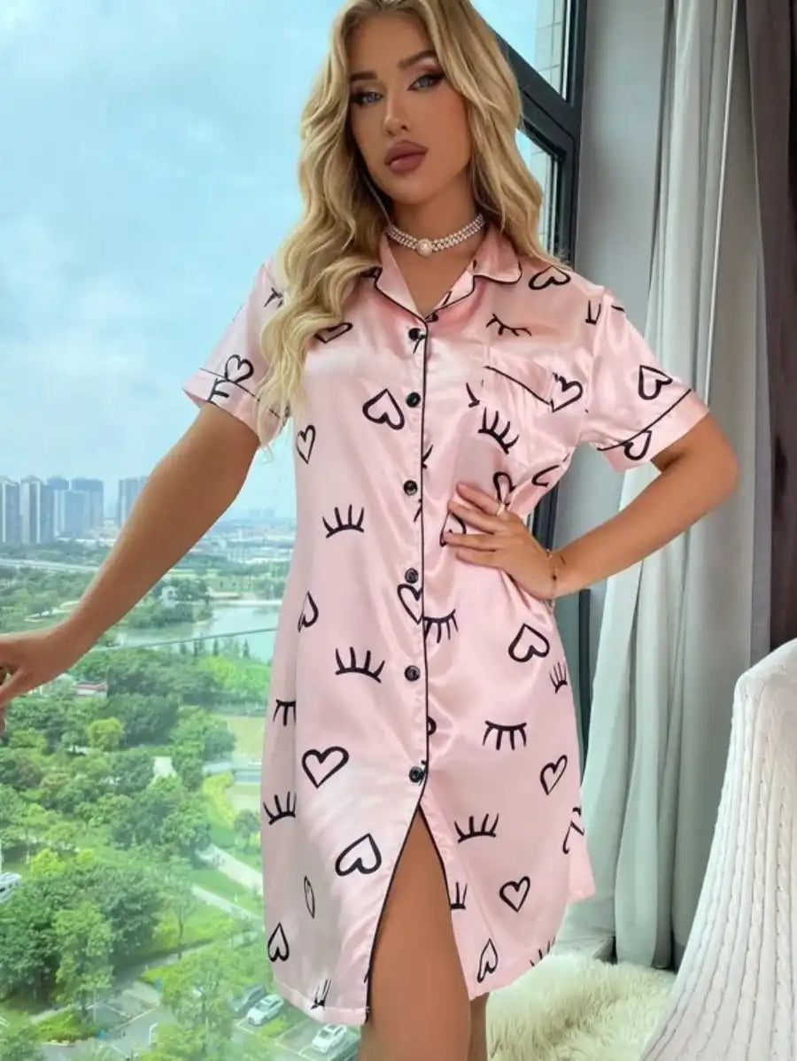 Printed Contrast Piping Satin Night Dress-Soco Hoodie