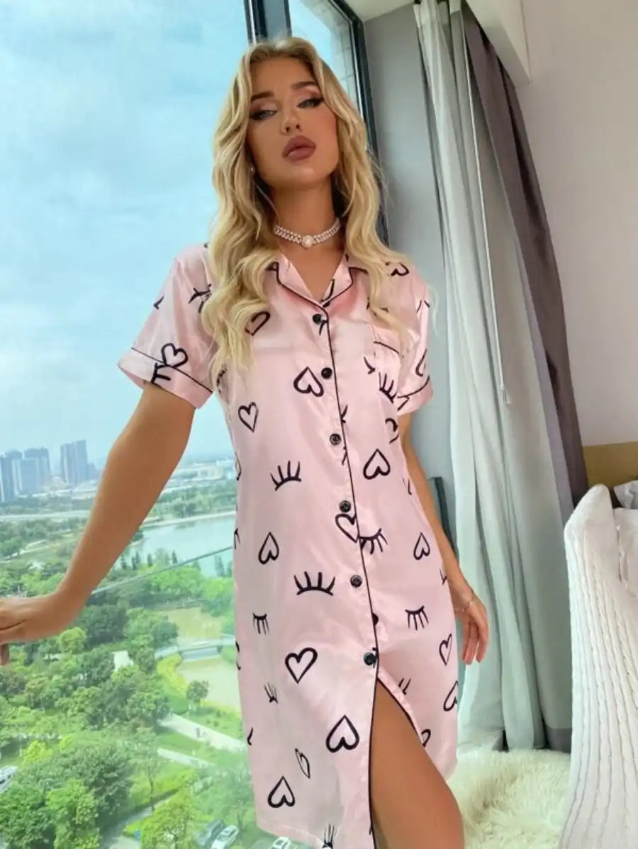 Printed Contrast Piping Satin Night Dress-Soco Hoodie