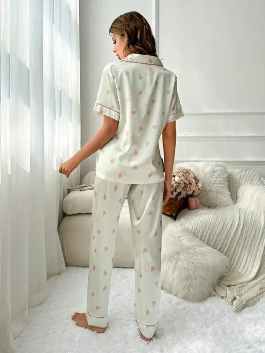 Printed Contrast Piping Satin Pajama Set-Soco Hoodie