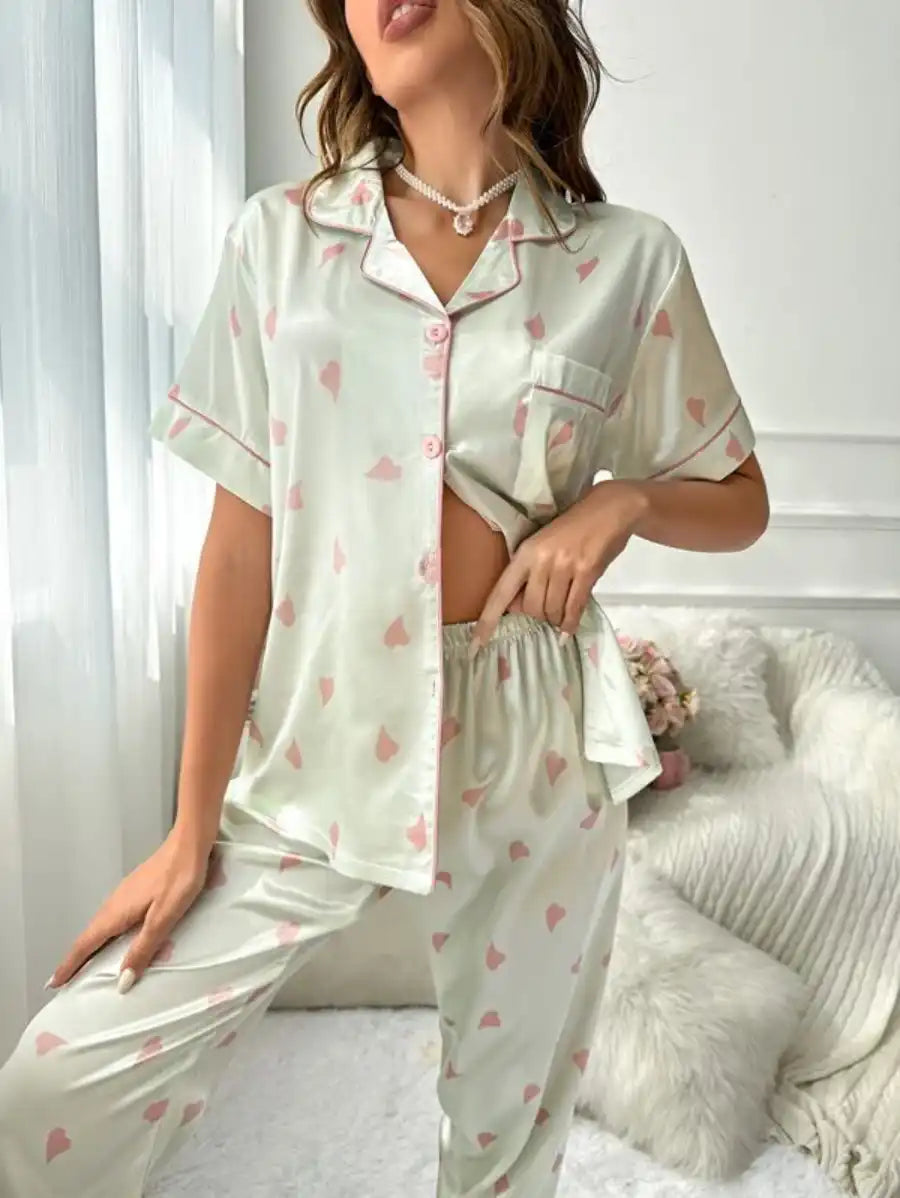 Printed Contrast Piping Satin Pajama Set-Soco Hoodie