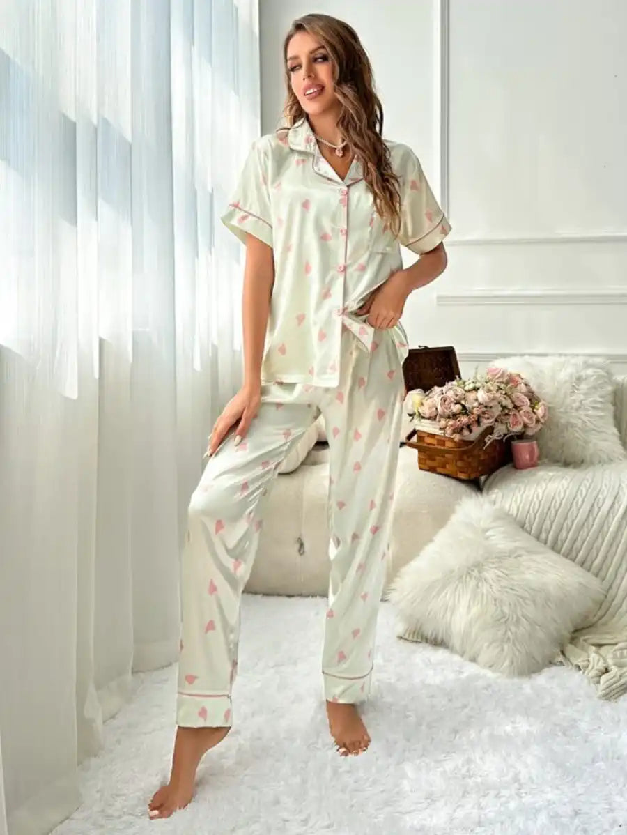 Printed Contrast Piping Satin Pajama Set-Soco Hoodie
