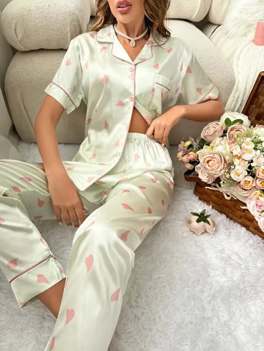Printed Contrast Piping Satin Pajama Set-Soco Hoodie