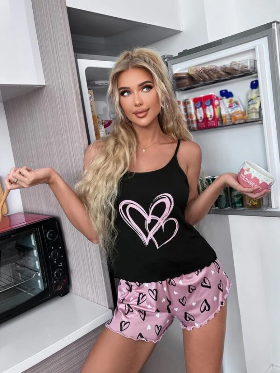 Printed Lettuce Trim Pajama Set-Soco Hoodie