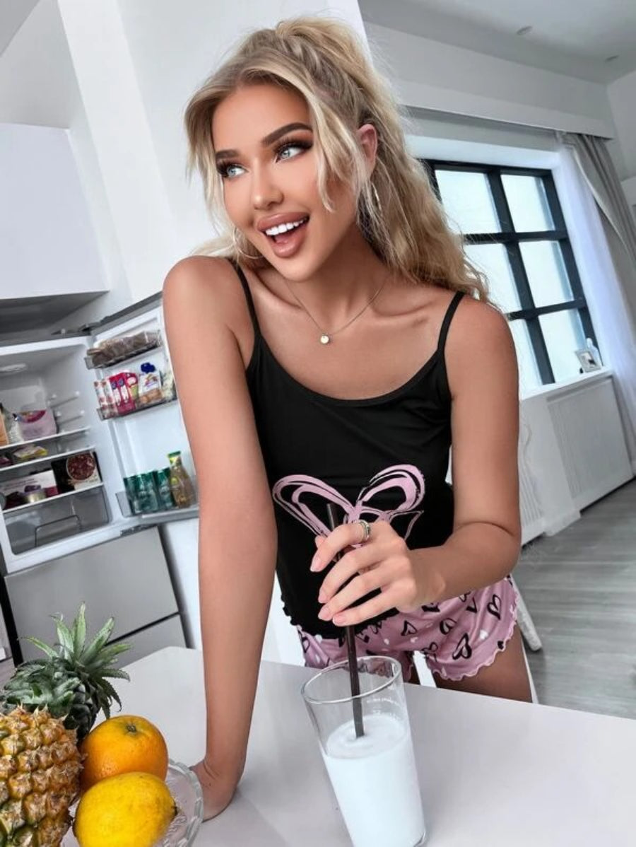 Printed Lettuce Trim Pajama Set-Soco Hoodie