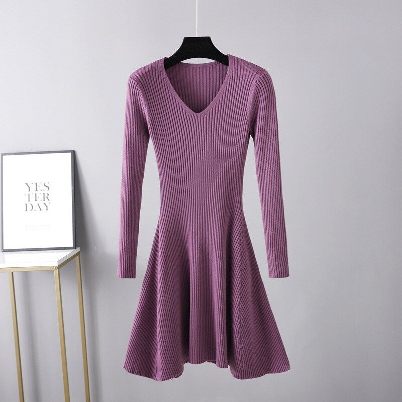 Autumn Oversize V-Neck Knitted Sweater Dress For Women-Soco Hoodie