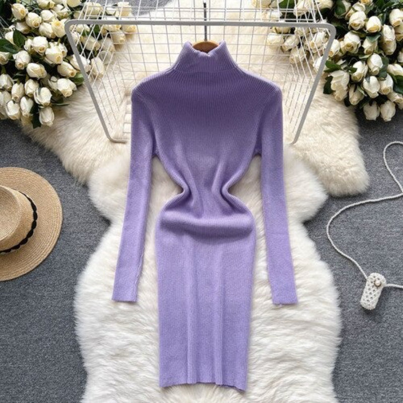 Long Sleeves Turtleneck Sheath Sweater Dress For Women-Soco Hoodie