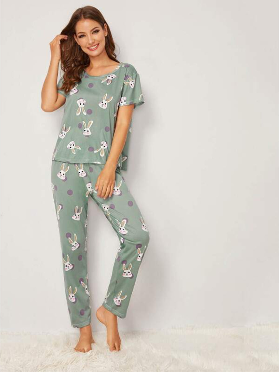 Rabbit Print Polka Dot Pajama Set-Soco Hoodie
