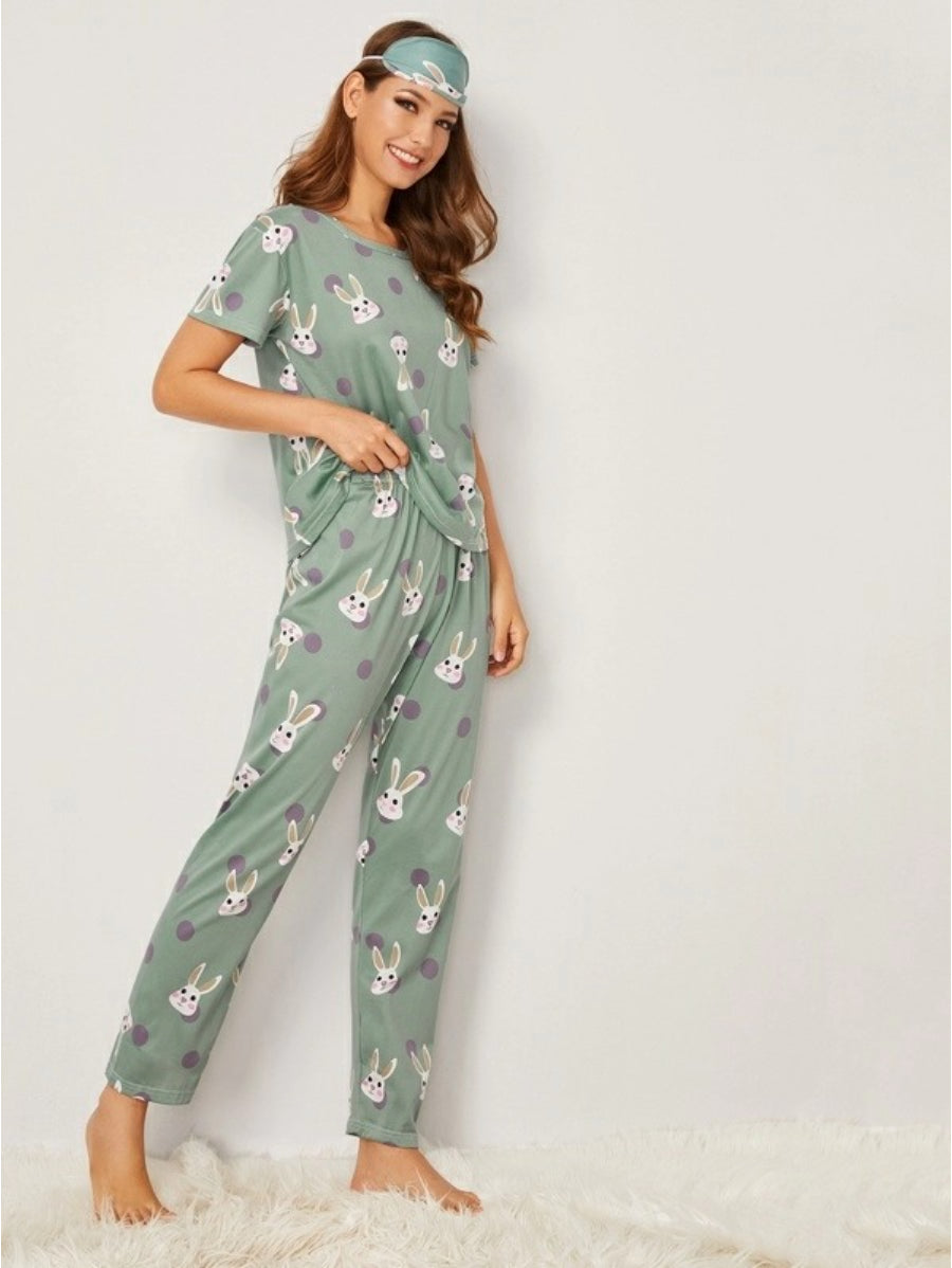 Rabbit Print Polka Dot Pajama Set-Soco Hoodie