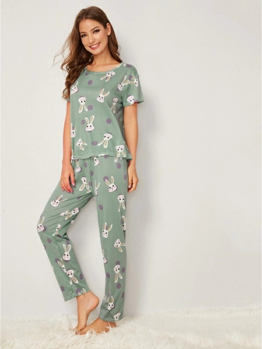 Rabbit Print Polka Dot Pajama Set-Soco Hoodie