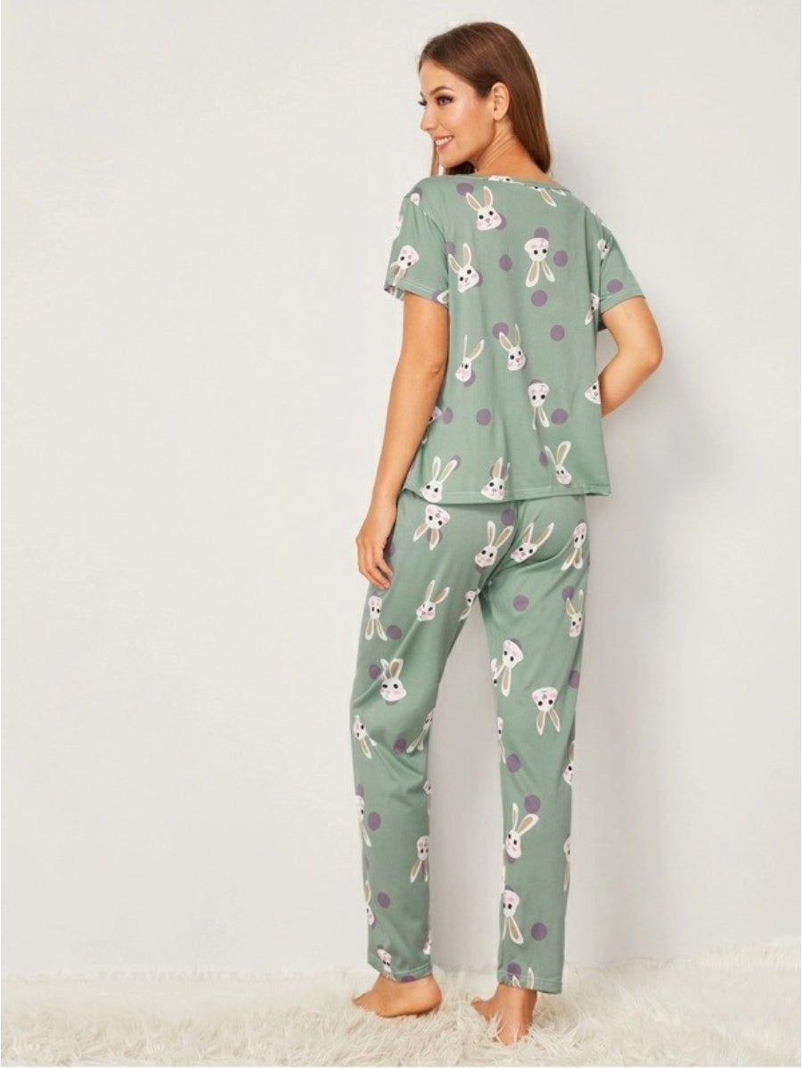 Rabbit Print Polka Dot Pajama Set-Soco Hoodie