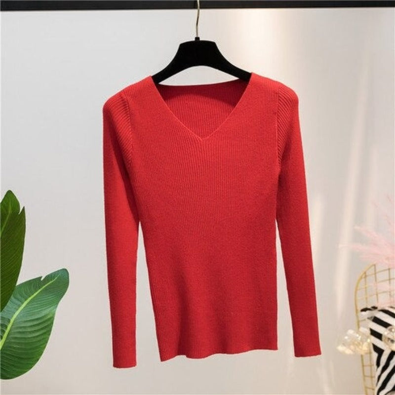 V-Neck Knitted Long-Sleeved Slim Tight Pullover For Women-Soco Hoodie