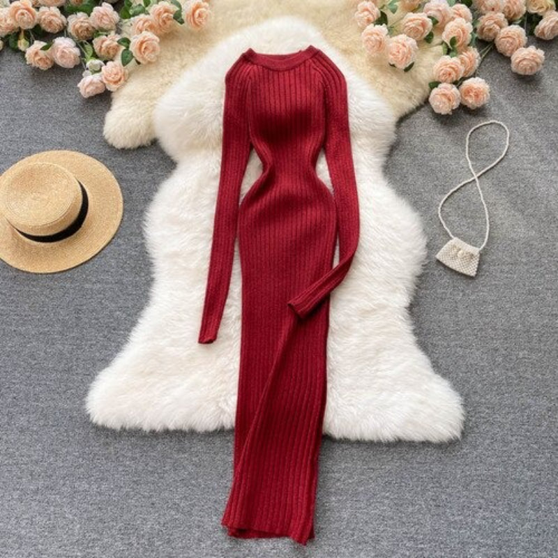 O-Neck Elastic Warm Knitted Sweater Dress-Soco Hoodie