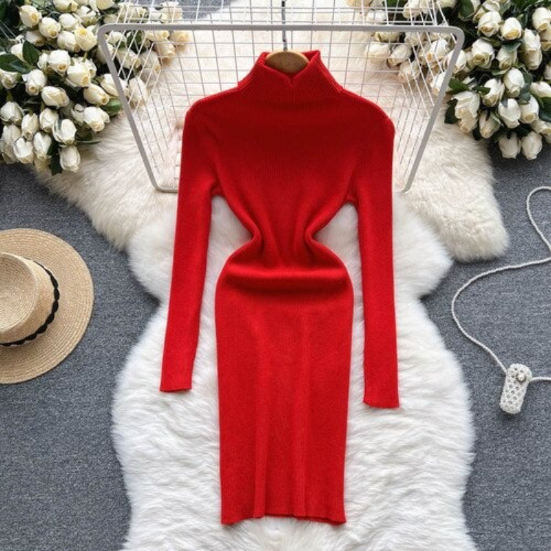Long Sleeves Turtleneck Sheath Sweater Dress For Women-Soco Hoodie