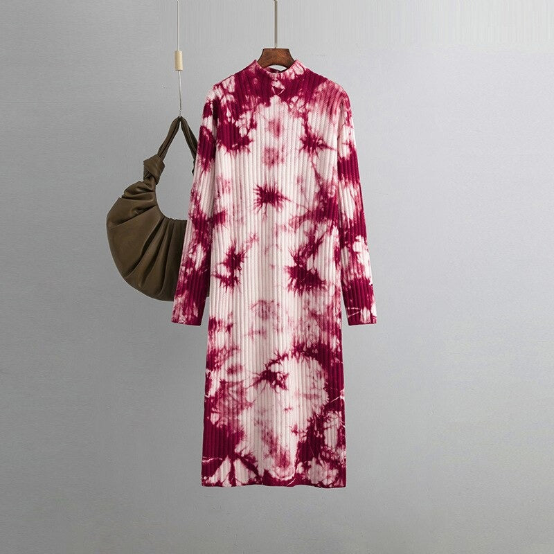 Loose Midi Retro Printed Soft Tie-Dyed Knitted Dress-Soco Hoodie