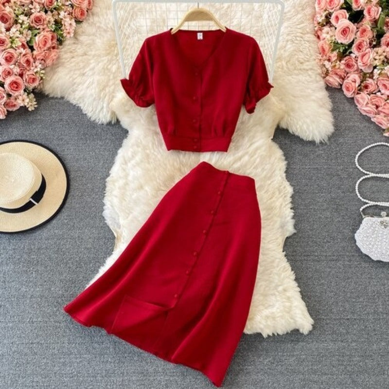 Retro Elegant Puff Sleeve Short Top With Skirt For Women-Soco Hoodie