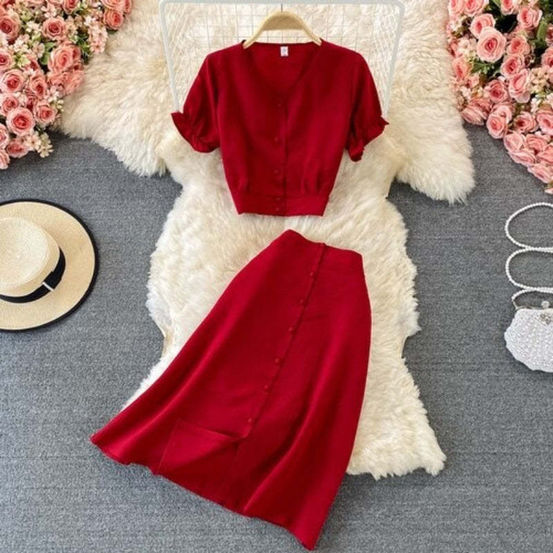 Retro Elegant Puff Sleeve Short Top With Skirt For Women-Soco Hoodie